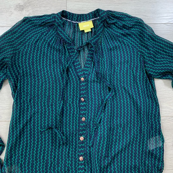 Anthropologie Maeve Della Sheer Navy Green Pattern Button Front Blouse - Picture 6 of 13
